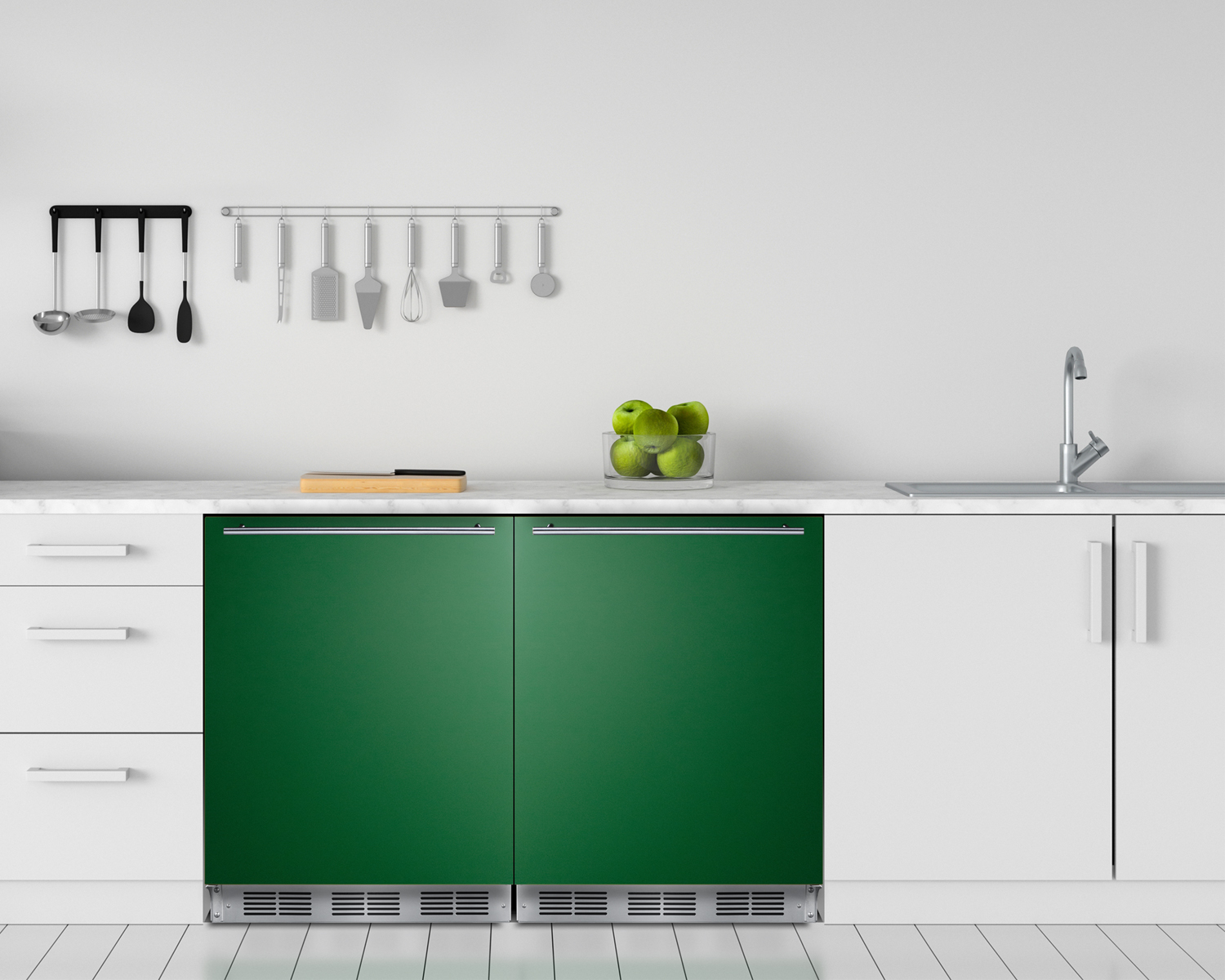 24 in. wide refrigerator-freezer for residential use with an emerald green door, stainless steel handle, and black cabinet